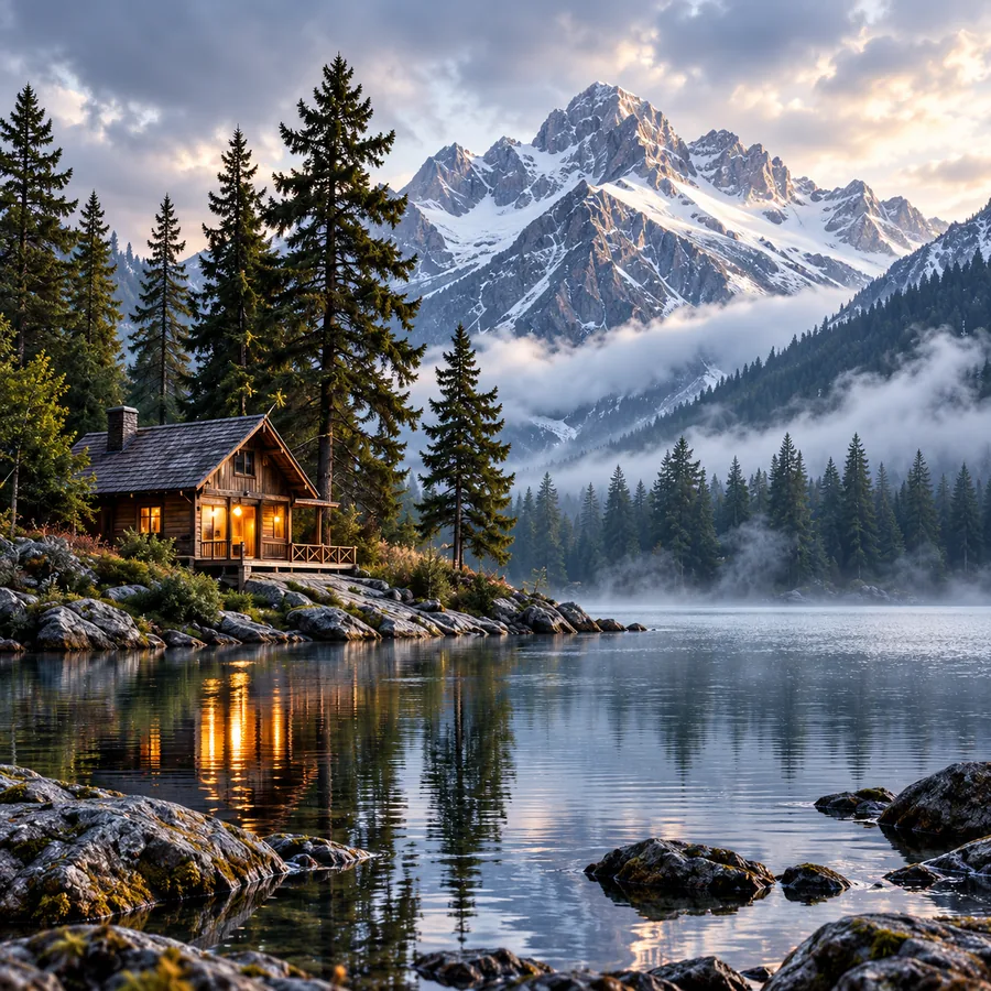 A wooden cabin beside a misty alpine lake with snowy mountains behind it