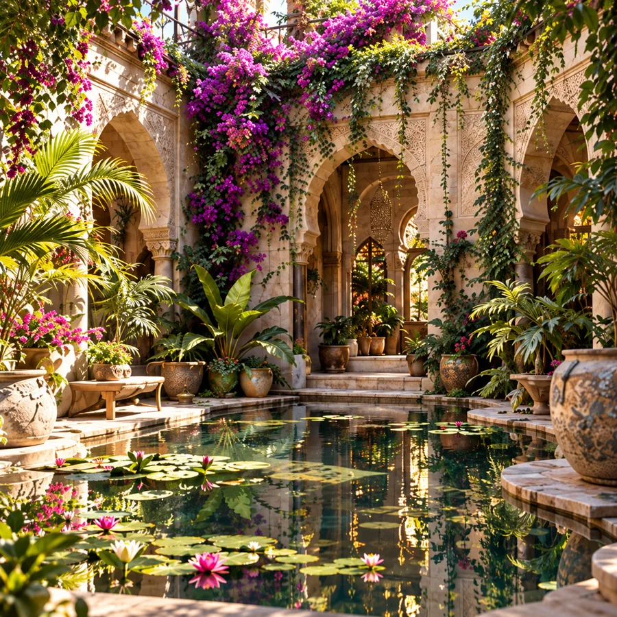 A sunlit courtyard with arches, flowering vines and a lily pond
