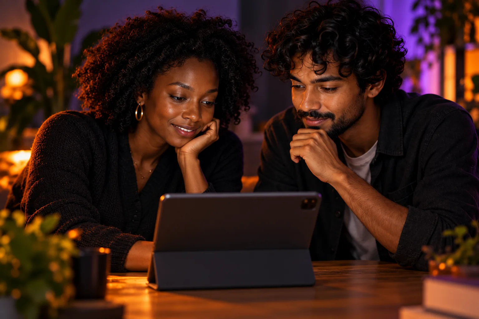 Two people looking thoughtfully at a tablet