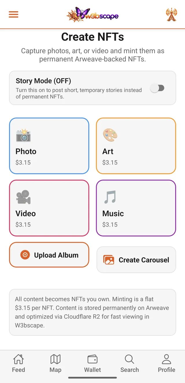 The W3bscape Create screen with photo, art, video and music options at a flat $3.15 per NFT