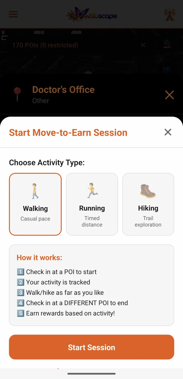The W3bscape Move-to-Earn session screen with walking, running and hiking options