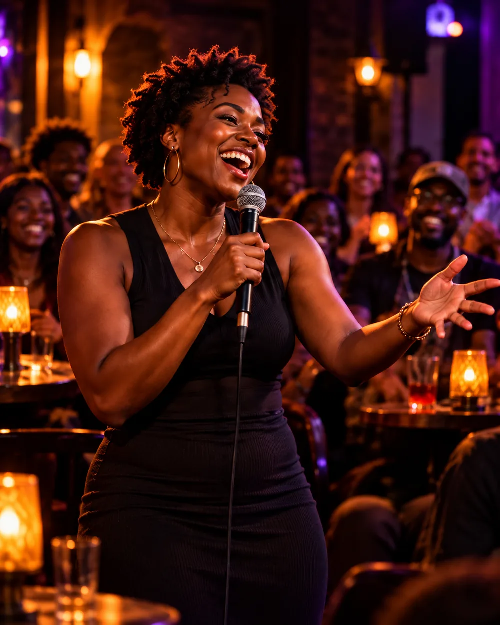 A comedian laughing and performing on stage to a warm, glowing crowd