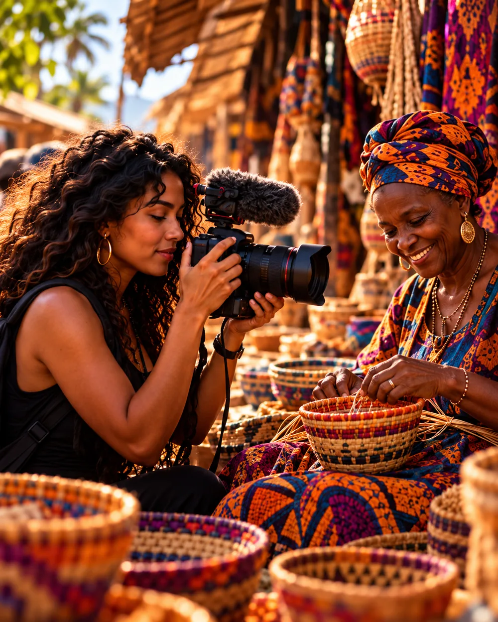 A filmmaker filming an artisan weaving a basket in a colorful market