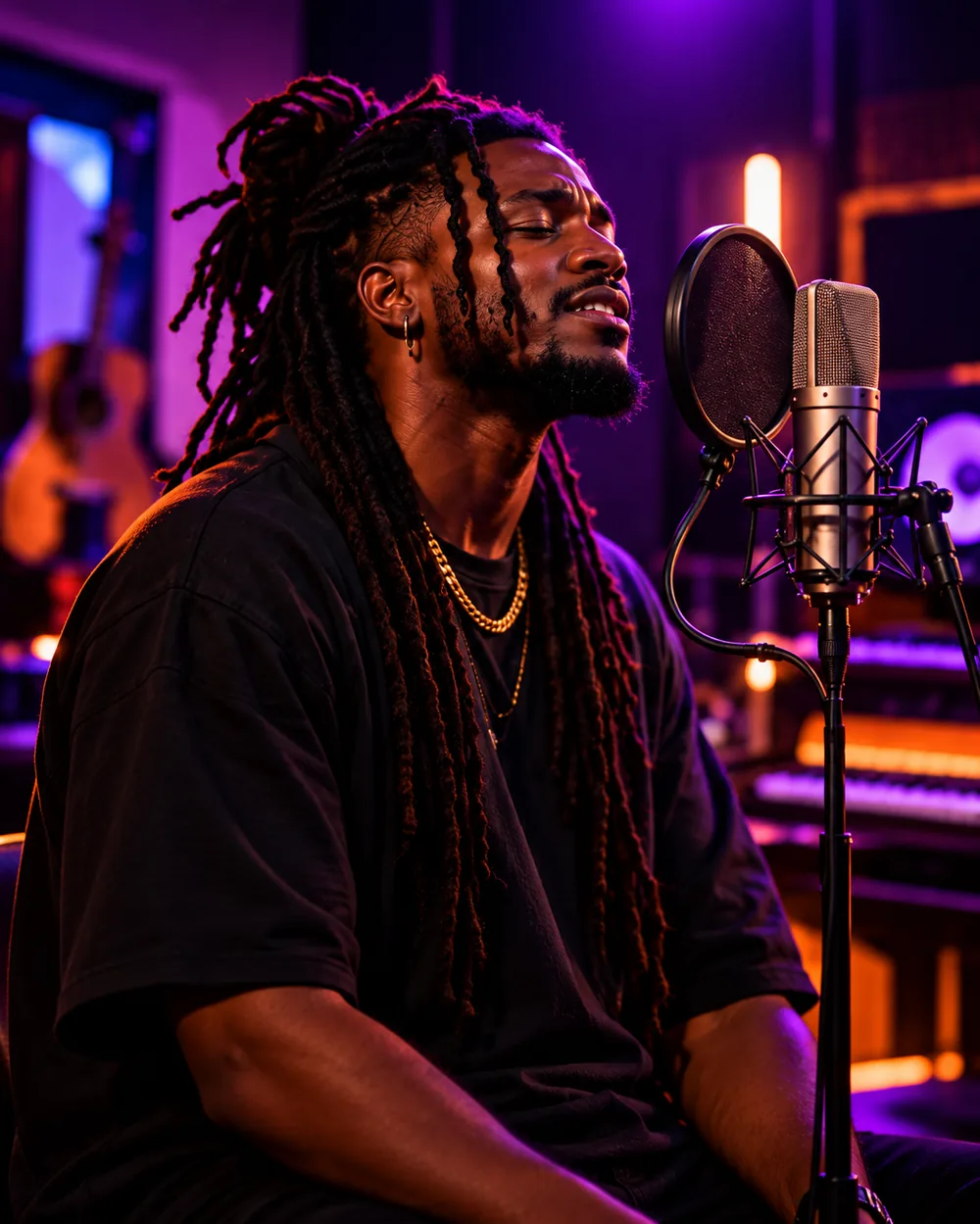 A singer with eyes closed performing at a microphone in a purple-lit studio