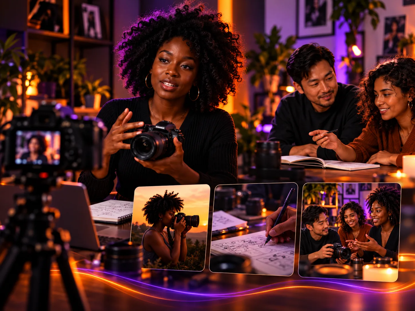 A photography teacher showing her camera to a small group while a tripod films the lesson, with course and lesson previews in front