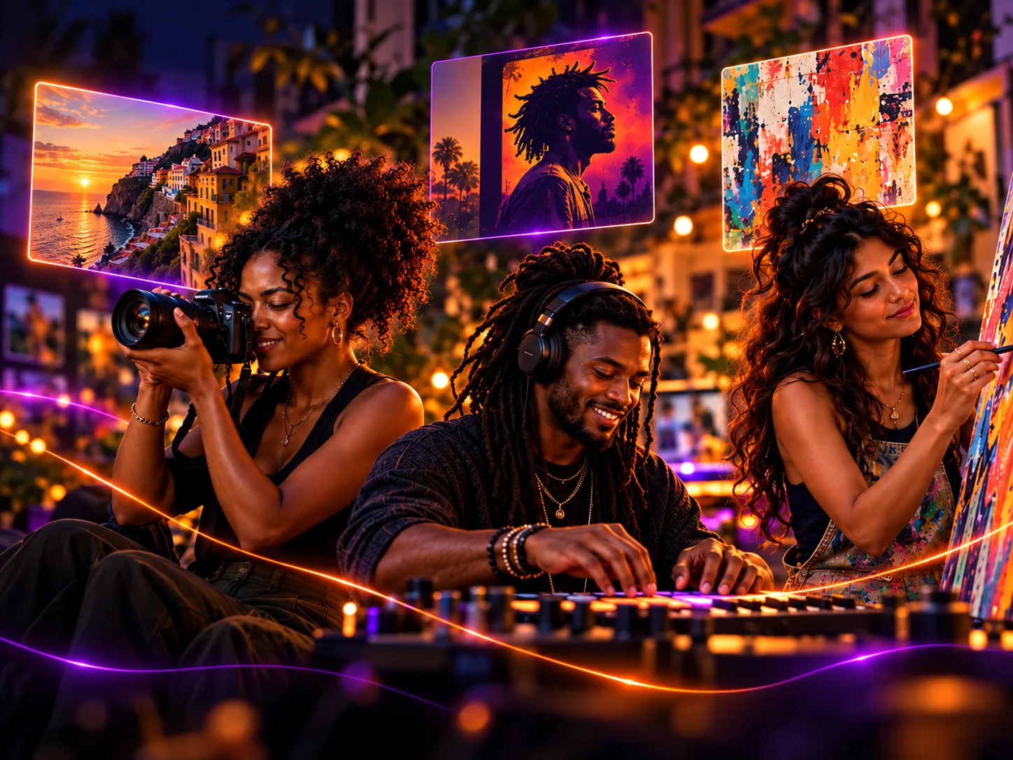 A photographer, a musician and a painter creating together at sunset, with their work glowing above them