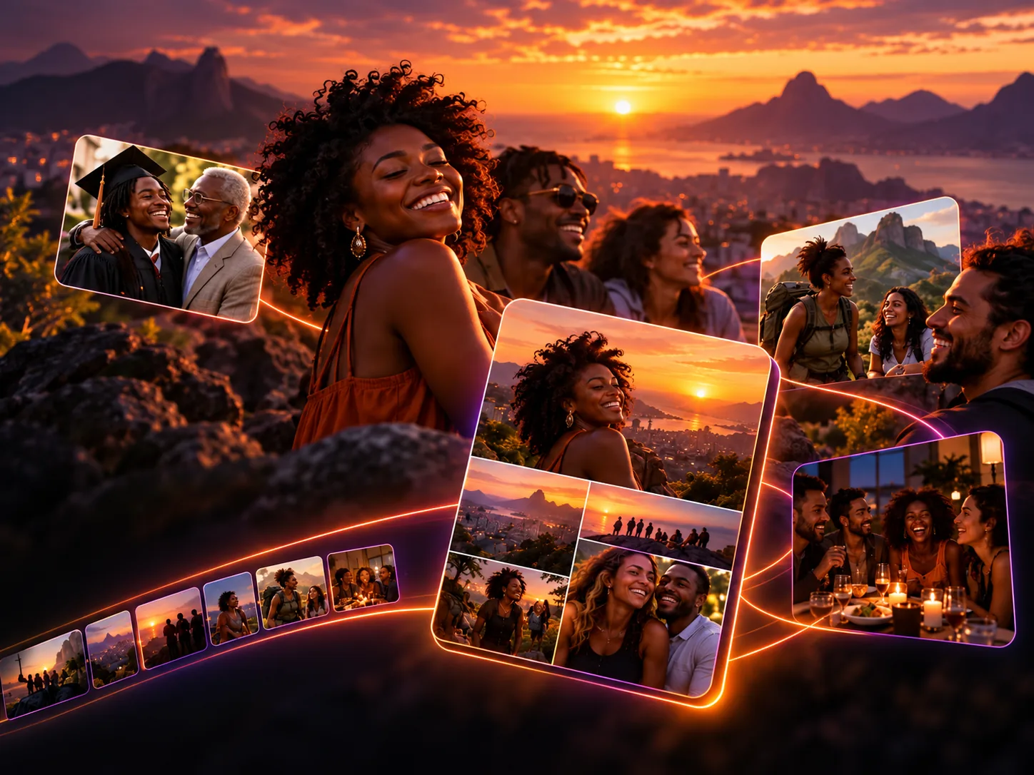 Friends laughing at a golden sunset over a bay, surrounded by glowing photos of milestones and trips