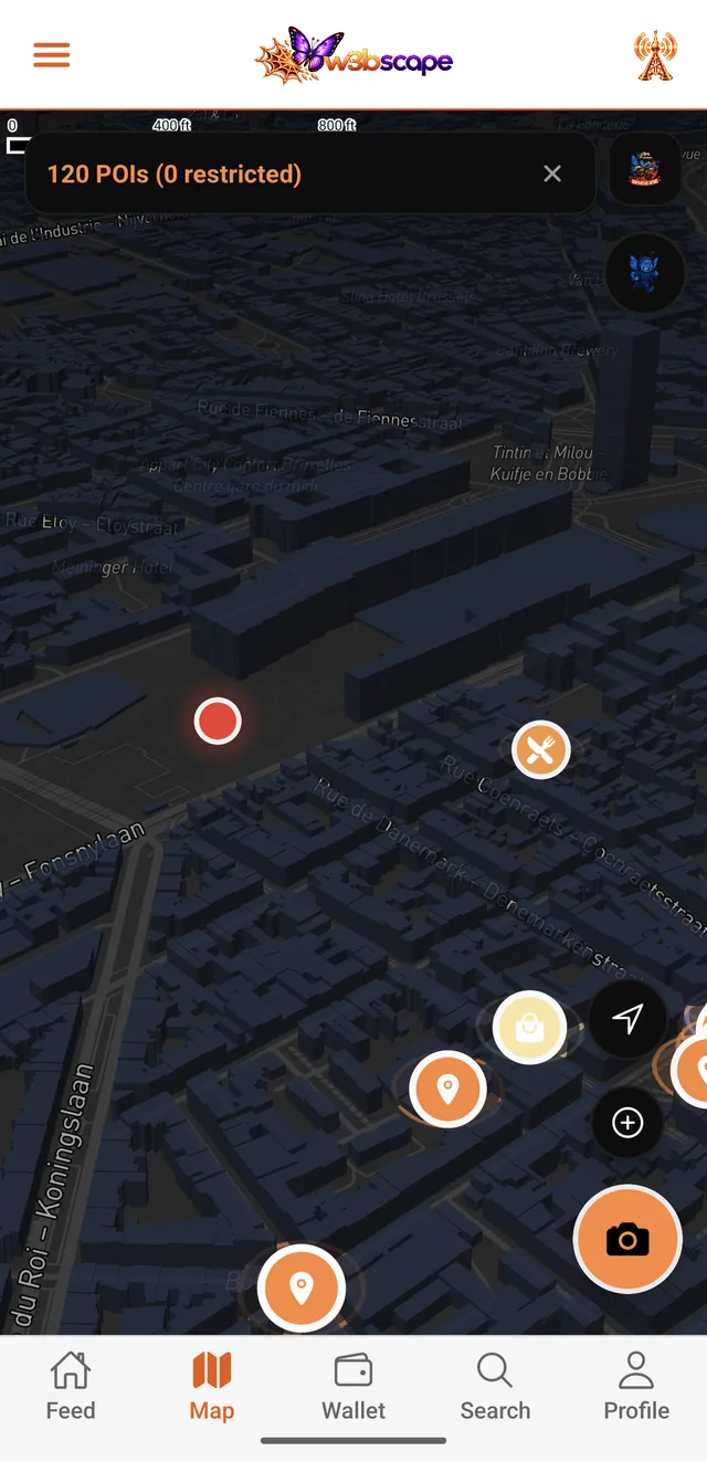 The W3bscape map showing a reported news location in a city