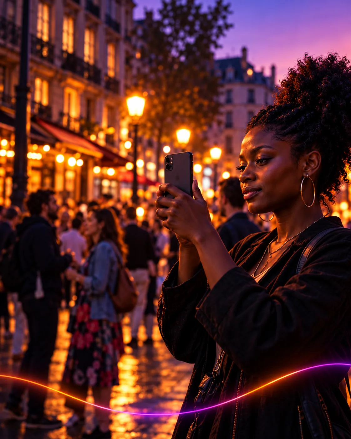 A woman photographing a lively city square at twilight with her phone
