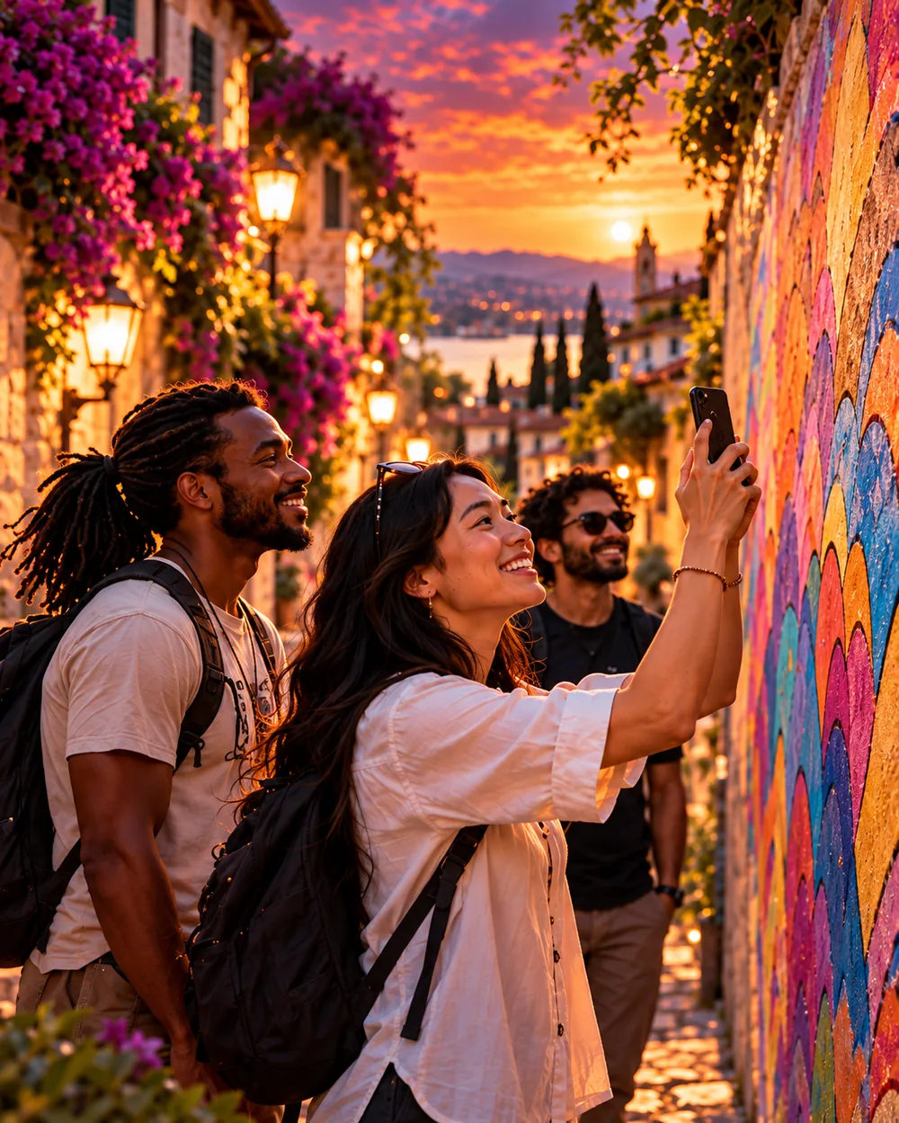 Friends photographing a colorful mural on a sunset-lit street