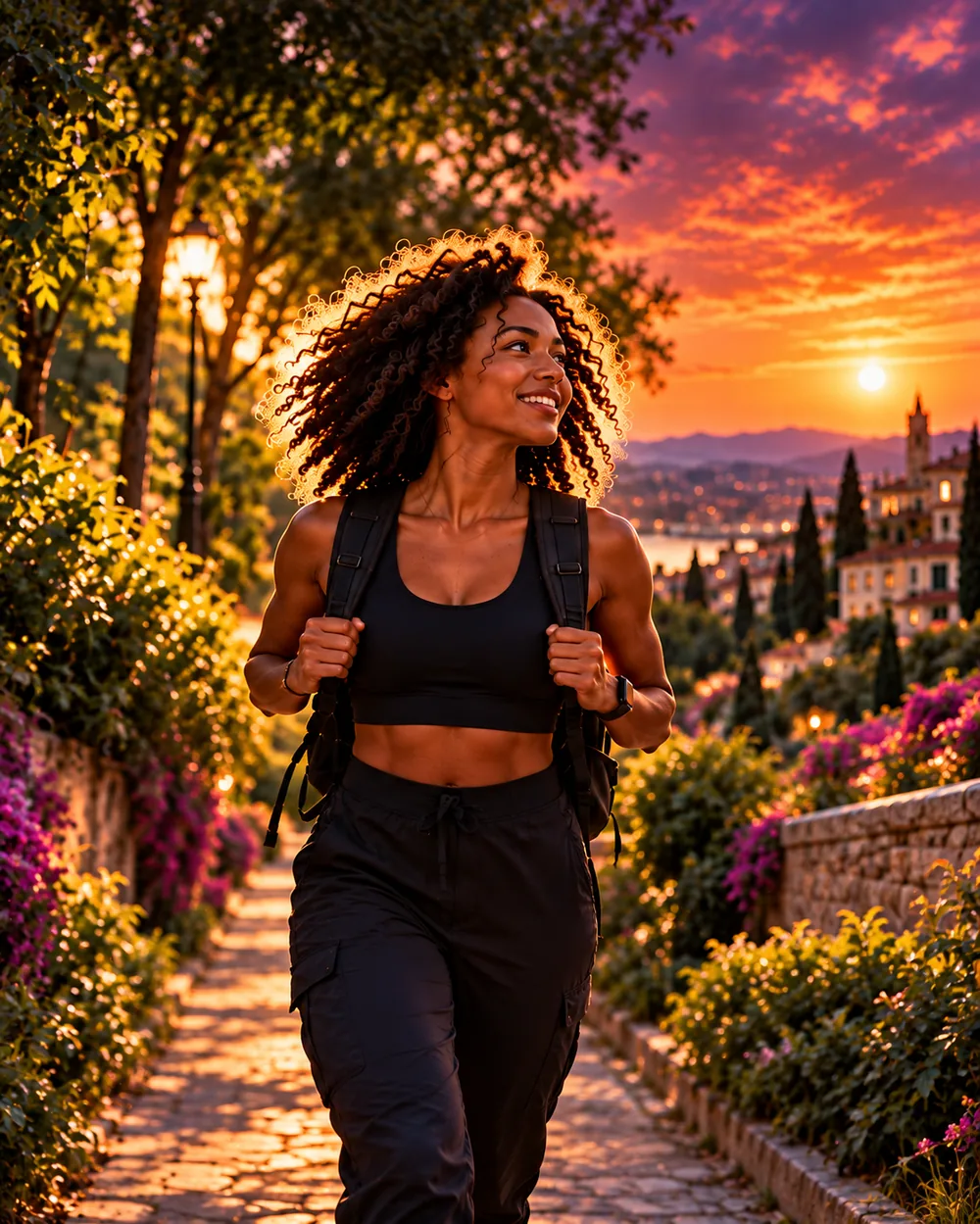 A woman with a backpack walking along a sunlit garden path at sunset