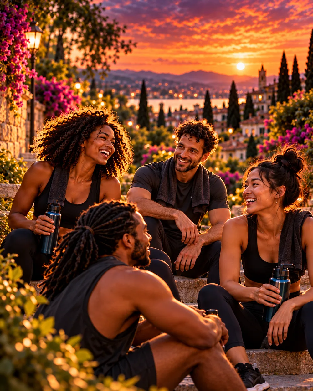 Friends laughing together on steps after a sunset workout