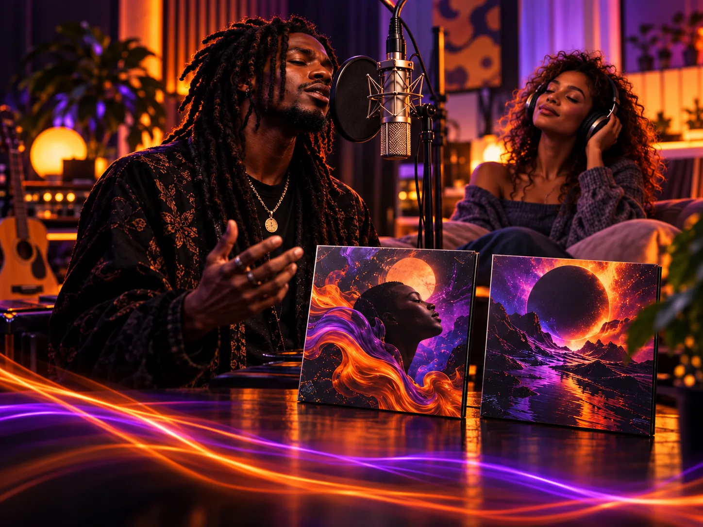 A singer at a studio microphone while a listener in headphones enjoys the music, with two album covers in front of them